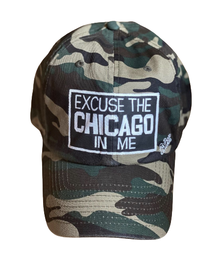 "Excuse The Chicago In Me" Hand Painted Strap Back Hat (Green Camo)