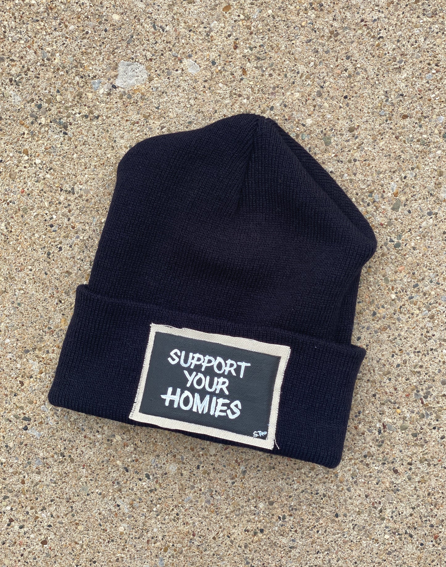 Support Your Homies Hand Painted Patch Knit Hat(Black)