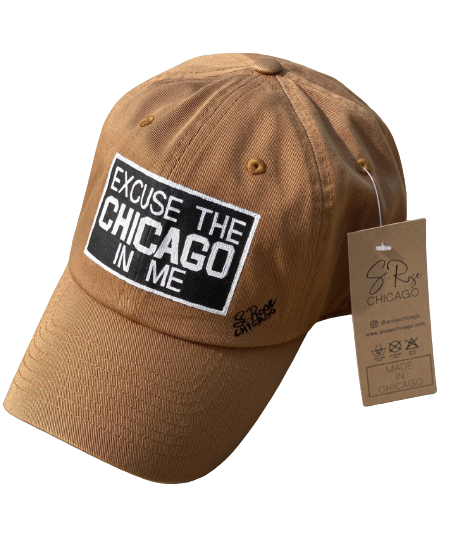 "Excuse The Chicago In Me" Hand Painted Strap Back Hat) Tan