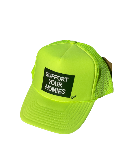 “Support Your Homies” Hand Painted Trucker Hat(neon yellow)