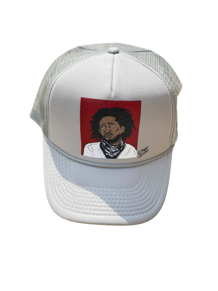 “Kendrick Lamar” Hand Painted Trucker Hat (Grey)