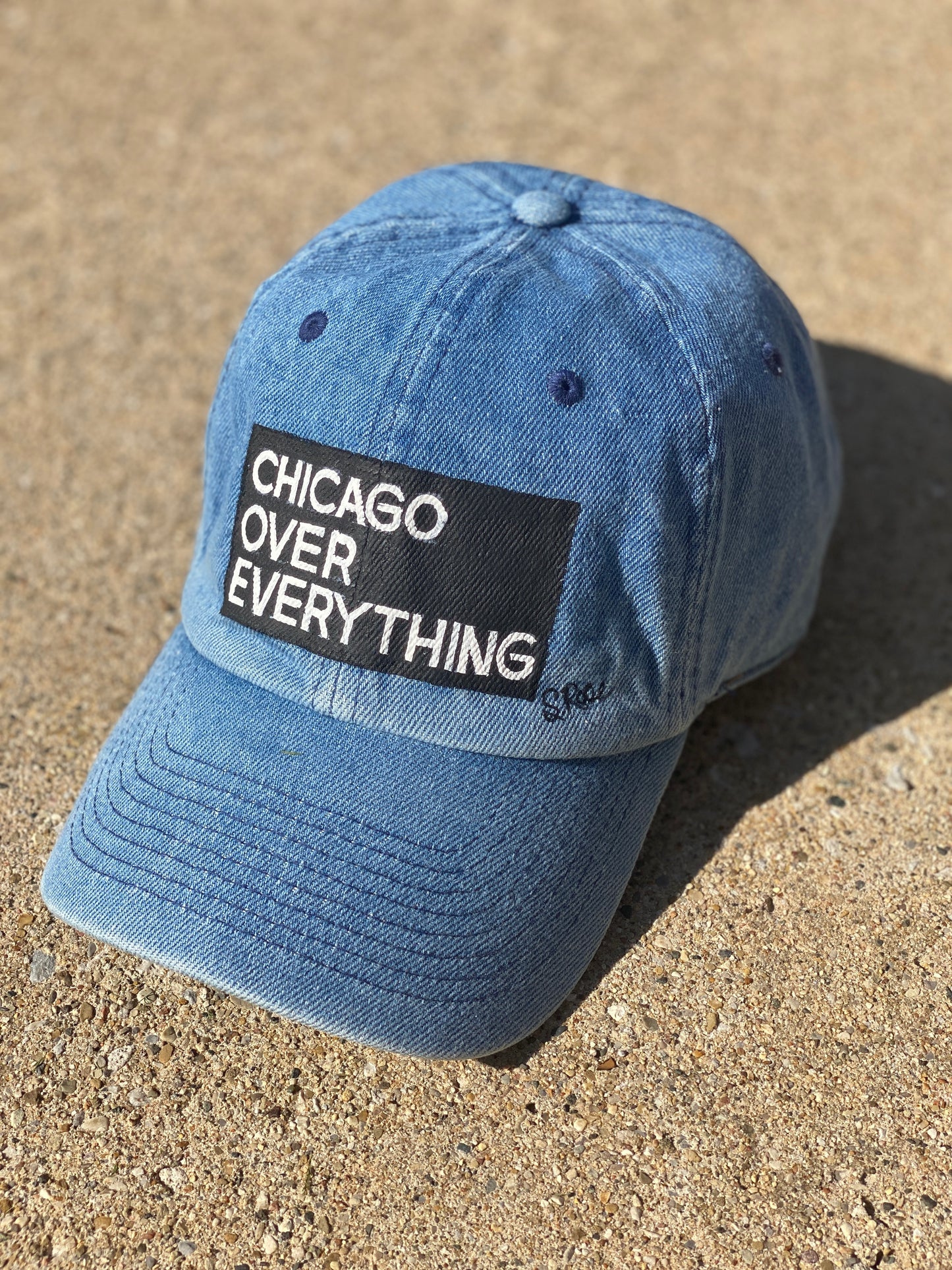 "Chicago Over Everything" Hand Painted Strap Back Hat (Denim)